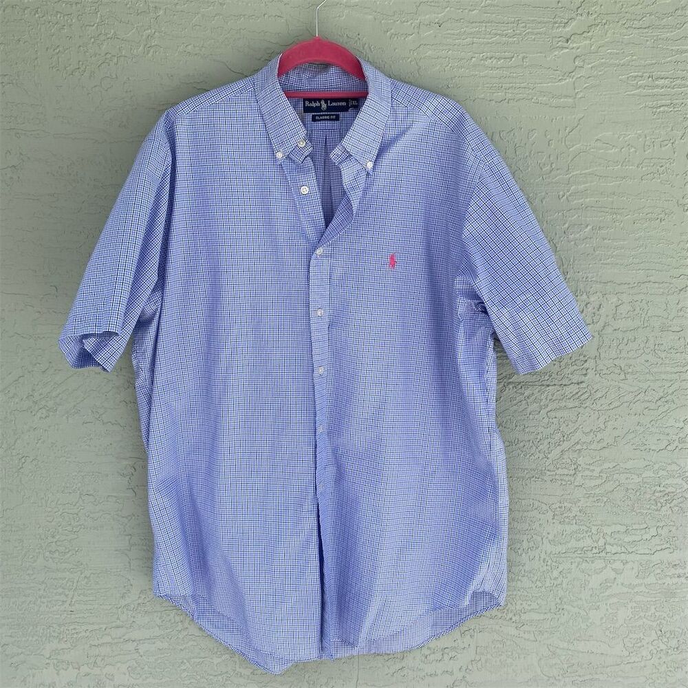 Ralph Lauren Men's XL Blue Check Short Sleeve Button-Up Shirt